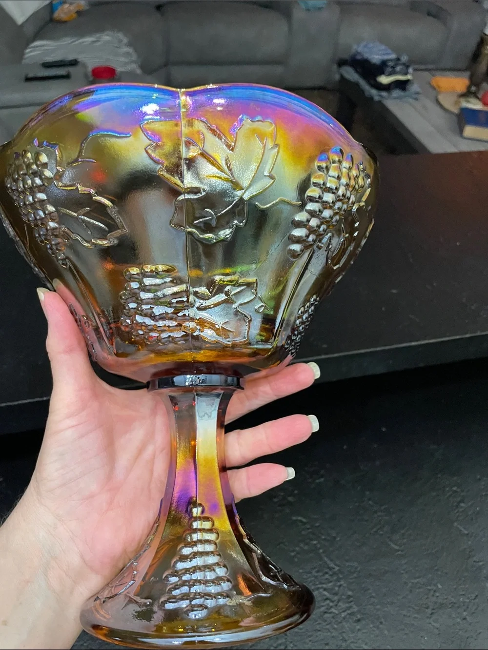Indiana Glass Iridescent Carnival Glass Compote Bowl - Grape Multicolor